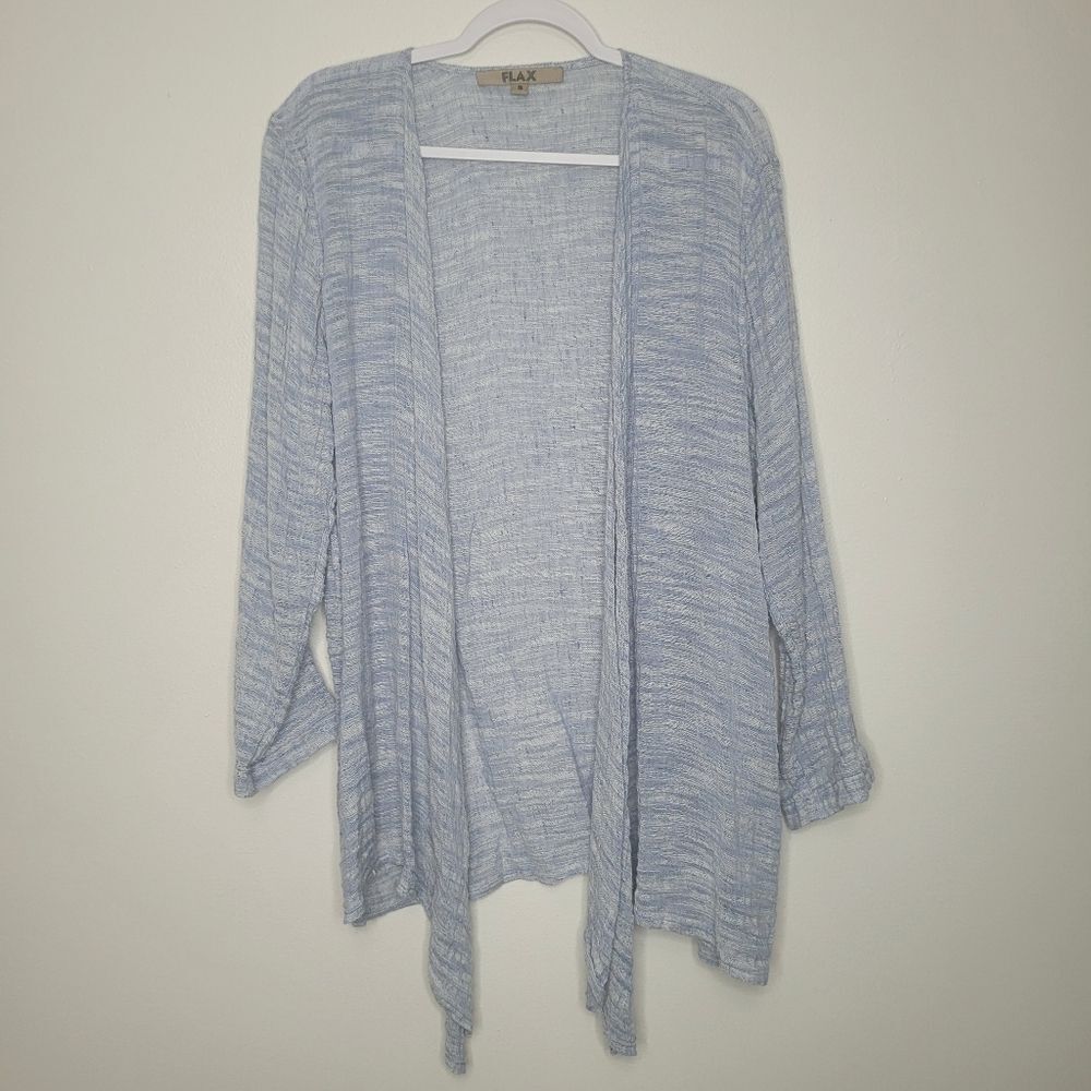 Flax blue white linen cotton blend open front long sleeve cardigan Size small